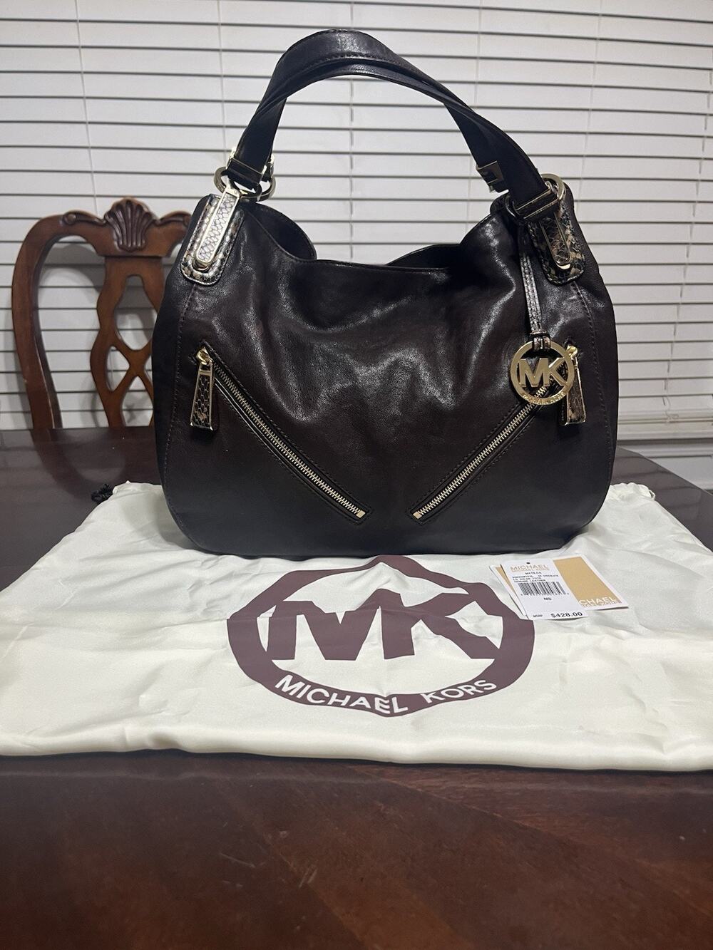 Michael Kors Matilda Large Shoulder Tote DK Chocolate Snakeskin Accents Leather